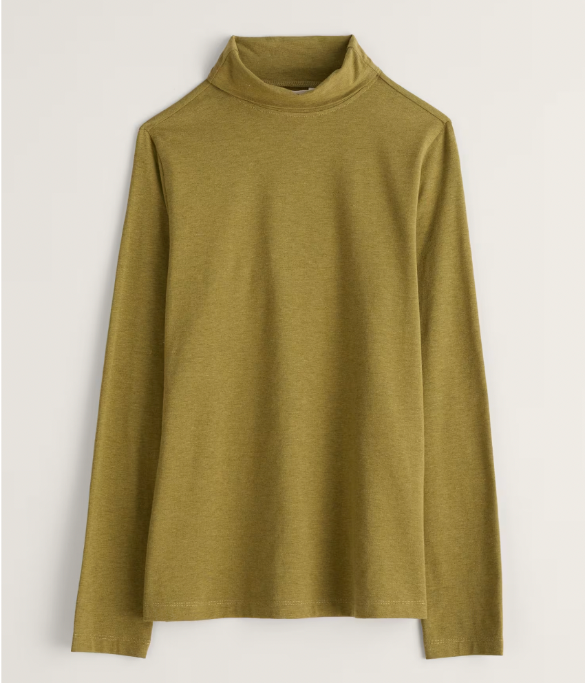 Flat lay of SEASALT's Landing turtle neck Top in Creek
