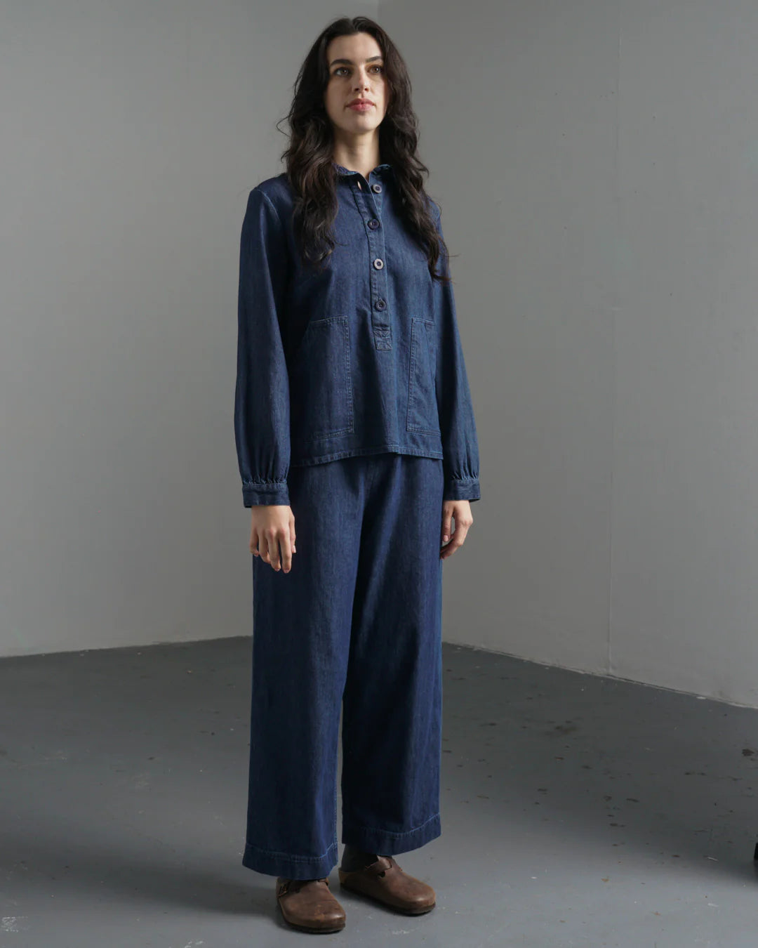 Woman wearing double denim in the Bibico Mika Shirt made with cotton