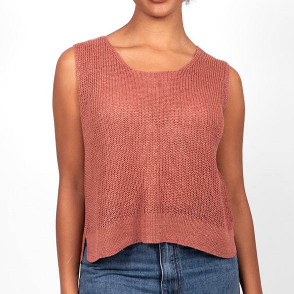 Bridge and Lord Summer knitwear. Linen sleeveless top in terracotta BL4229.