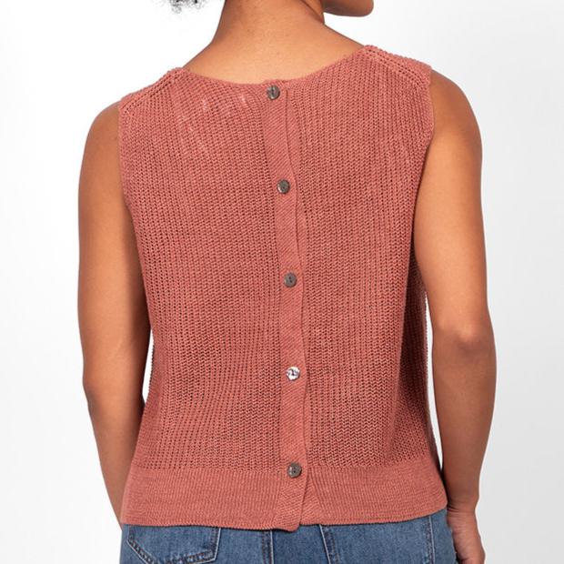 Bridge and Lord Buttoned back top. Linen knit in terracotta.