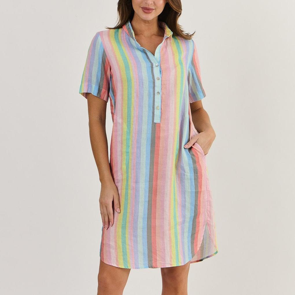 Enveloppe linen shirtdress in Paradis pastel stripes.