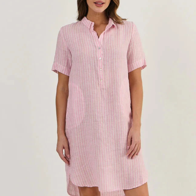 Enveloppe linen shirtdress in pink stripe.