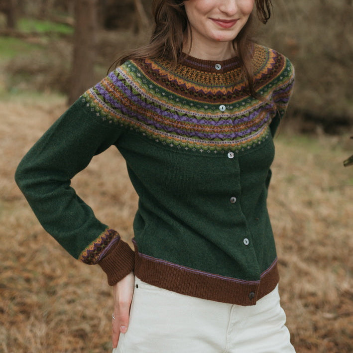 Eribe Cardigan. Alpine fairisle in Thistle. Merino Wool.