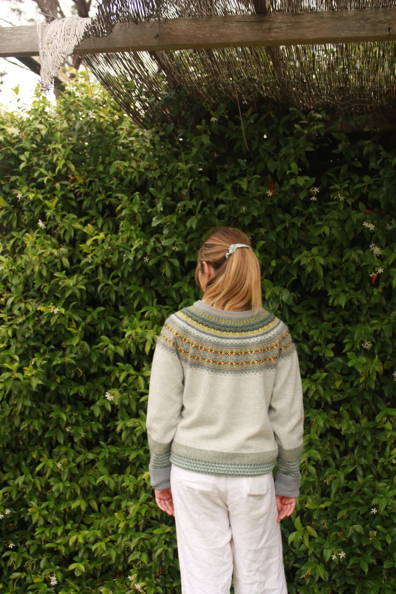 Eribe's Women's Alpine Sweater in Kelpie, back view of ladies fairisle jumper