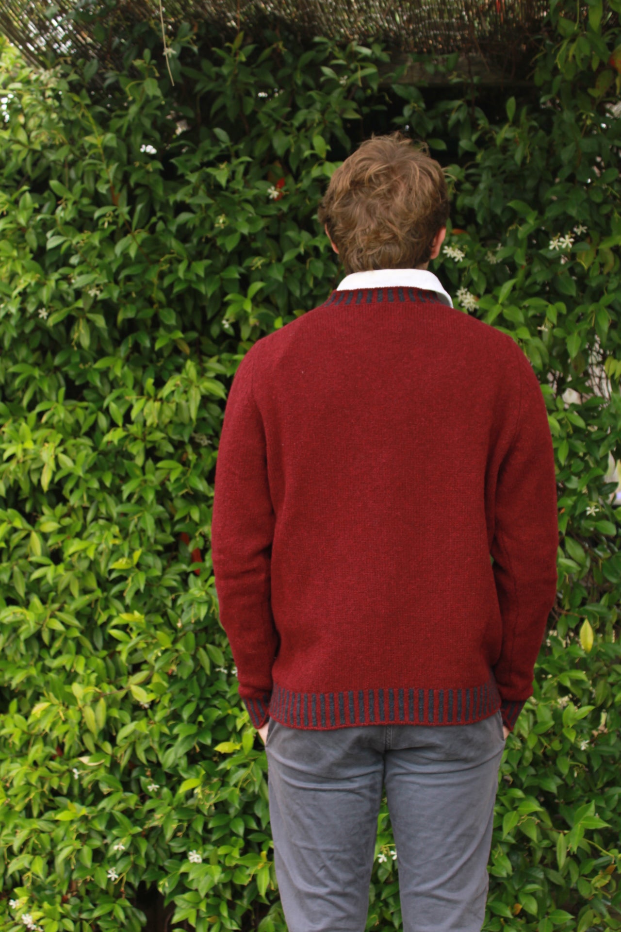 Eribe Men's Bruar Sweater in Great Burnet, back view of men's red jumper
