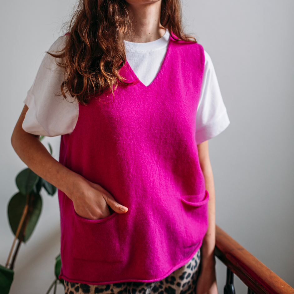Eribé's Corry Vee Neck Tank Top in pink Honesty. 100% merino wool.