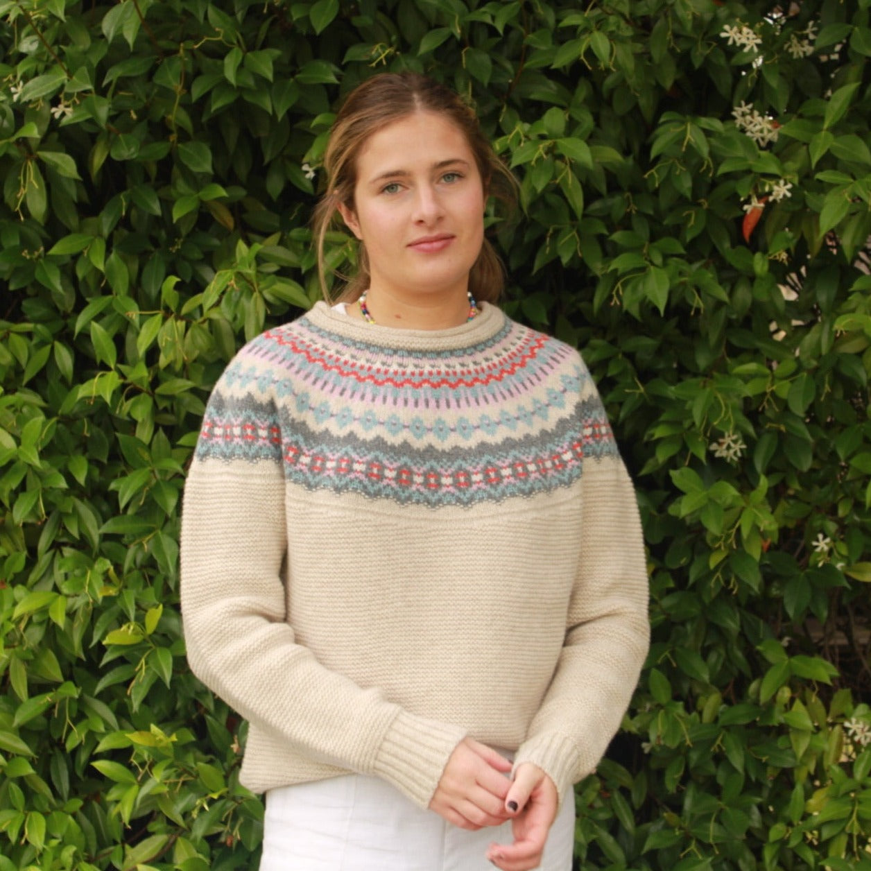 Eribe's Stoneybrek Sweater for women in Honeysuckle, ladies fairisle jumper. Quality Merino Wool.