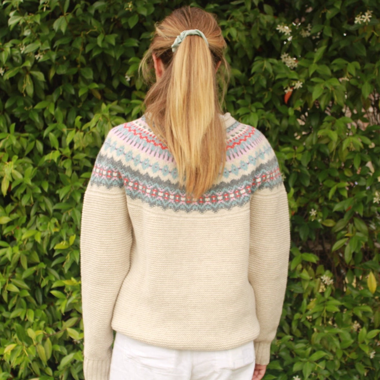 Eribe's Stoneybrek Sweater for women in Honeysuckle, back view of ladies jumper with fair isle pattern. Quality Merino Wool.