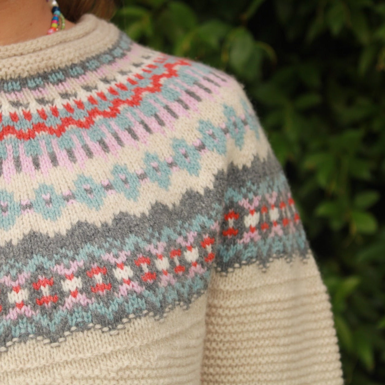 Eribe's Stoneybrek Sweater for women in Honeysuckle, close up of fair isle yoke. Quality Merino Wool for sale Australia and New Zealand.