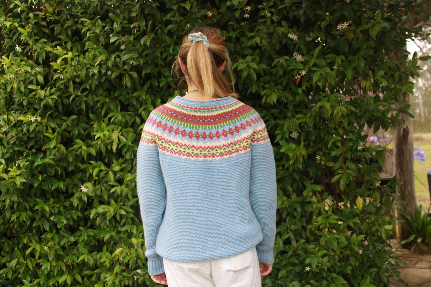 Eribe Stoneybrek Sweater in Strathmore for women, back view of ladies fairisle jumper