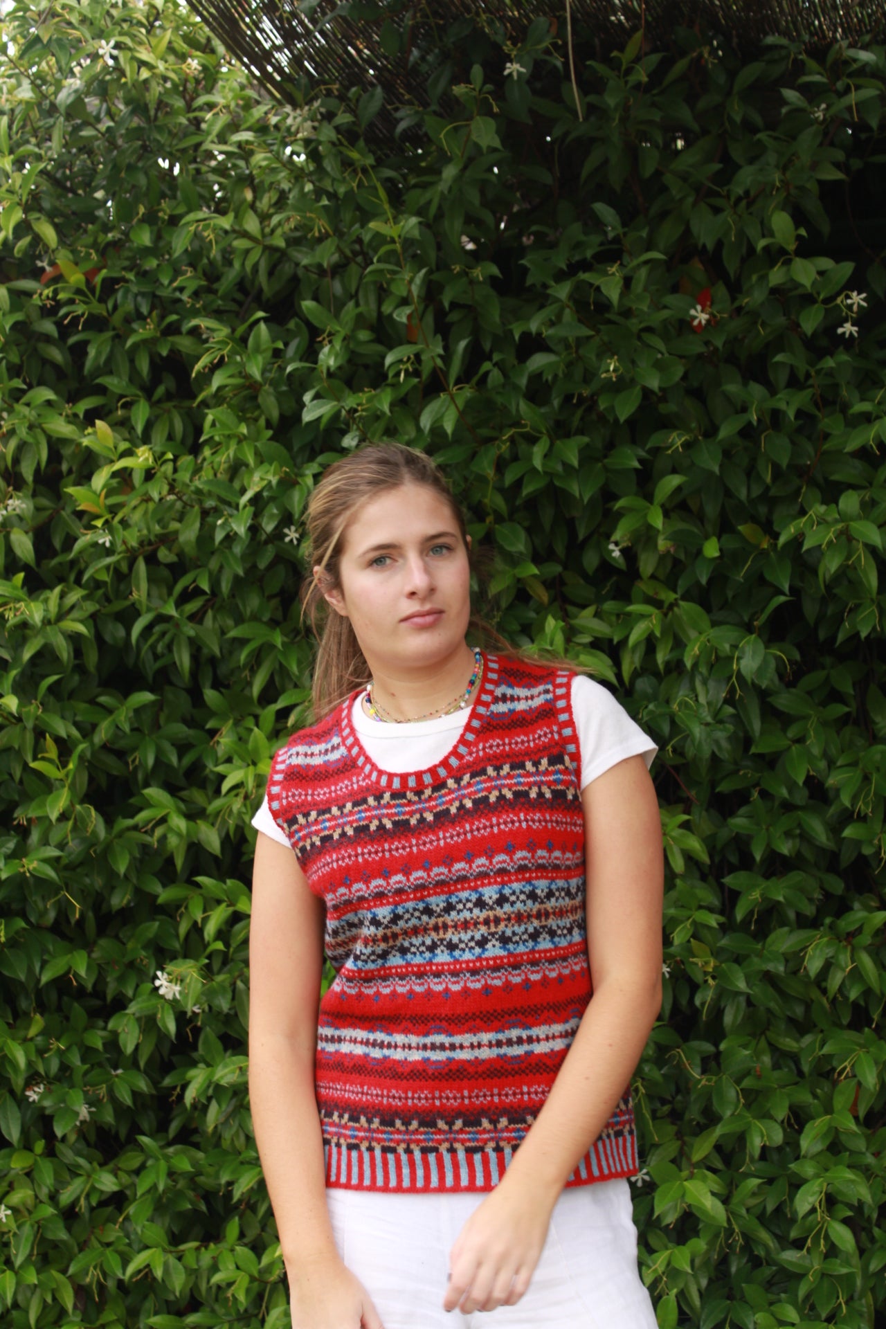 Eribe's Westray Vest in Poppy for women, fairisle knitted sweater vest