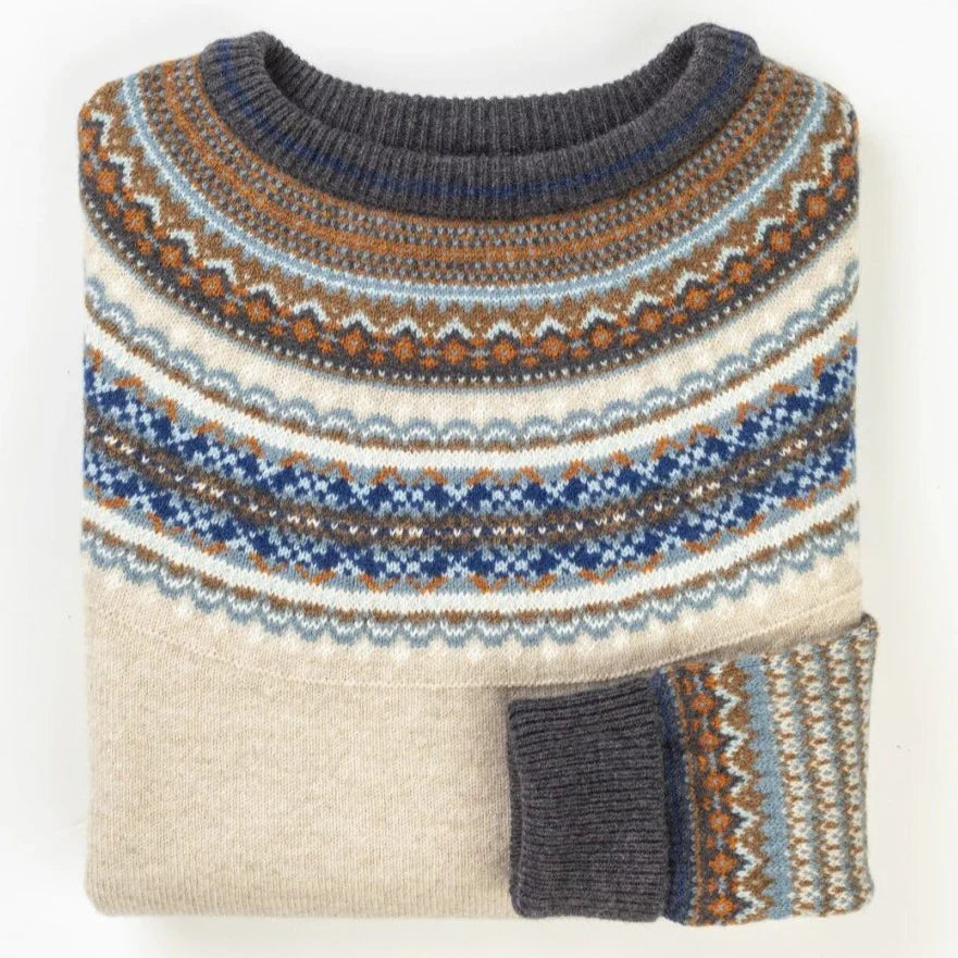 Scottish Knitwear for women. Eribe jumper in oat, camel and blue.
