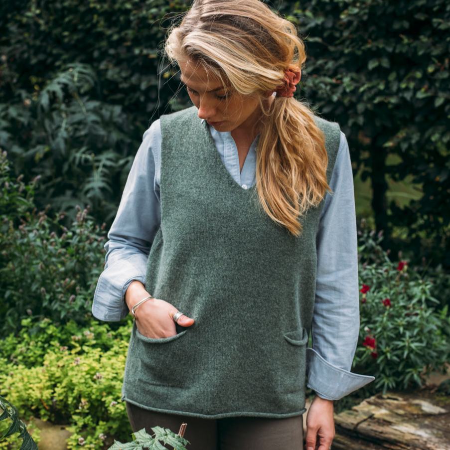 Eribe Corry Tank in Caspian. Merino Wool Teal Vest with pockets.