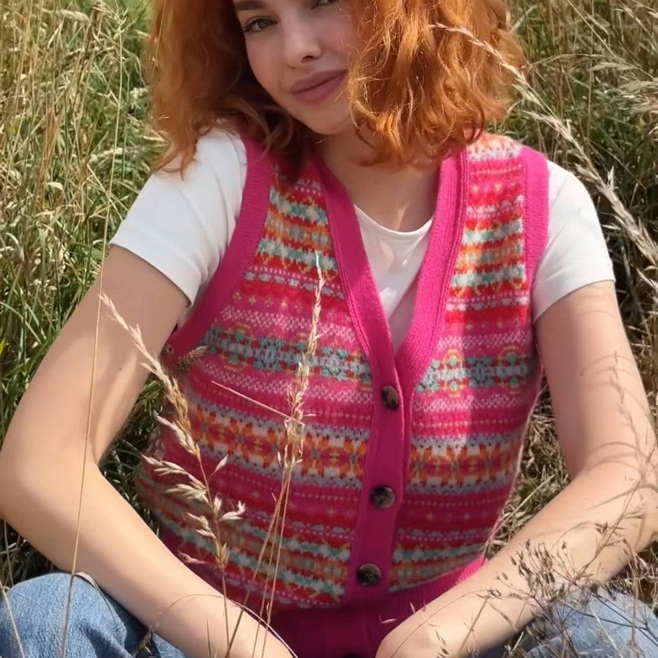 Woman wearing Eribe Kinross waistcoat in Foxglove