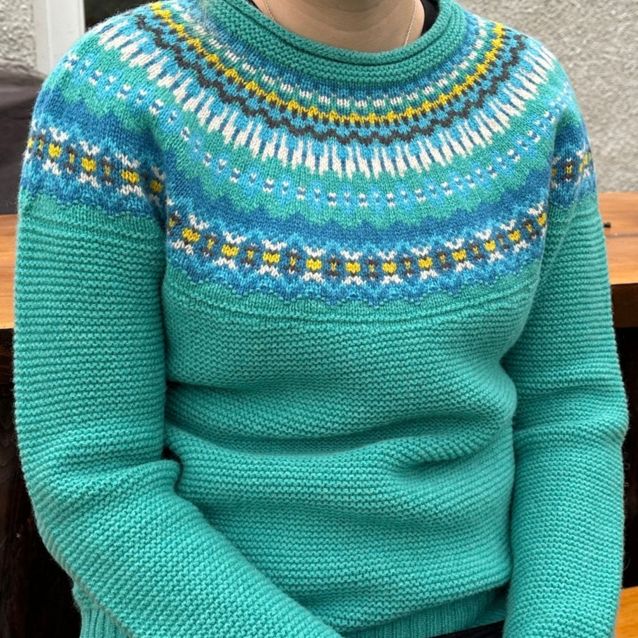 Eribe Stoneybrek sweater in Lagoon. Fair isle jumper for women in aqua.