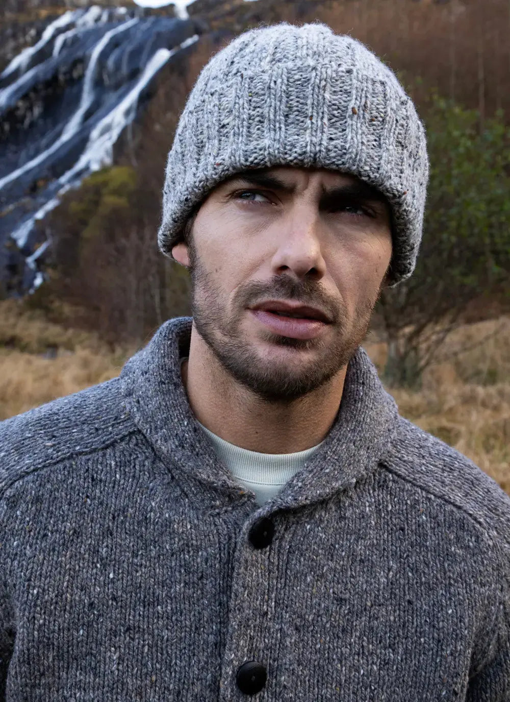 Fisherman Out of Ireland men's cardigan in Grey. Quality Knitwear all wool