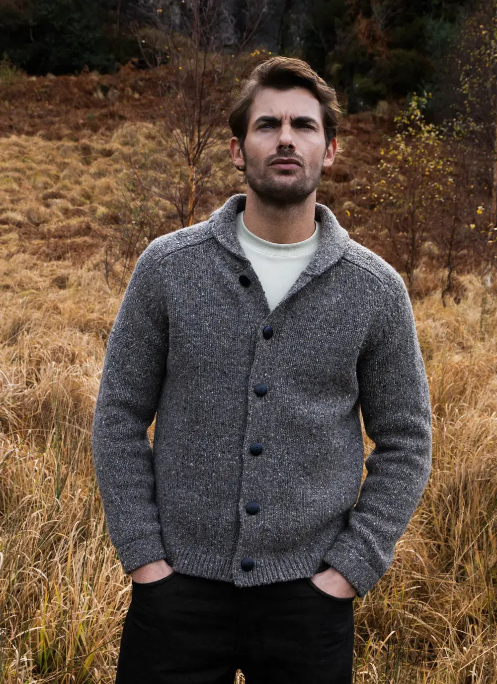 Fisherman Out of Ireland men's cardigan in Grey. Quality Knitwear all wool