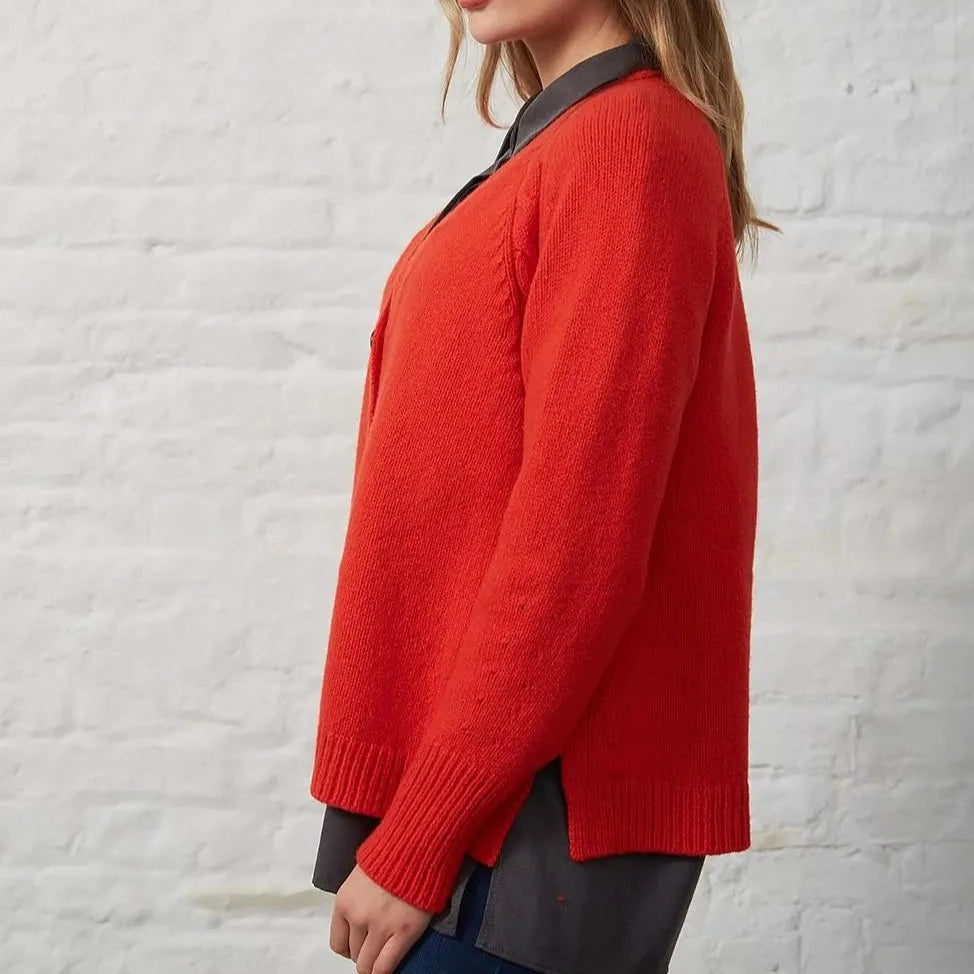Women's Vee Cardigan in red.