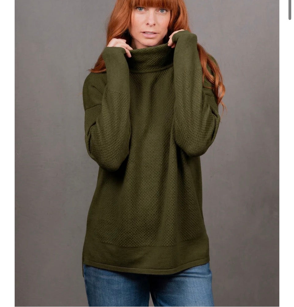 Bridge & Lord - Ball Stitch High Crew Jumper - Merino & Cashmere - Olive
