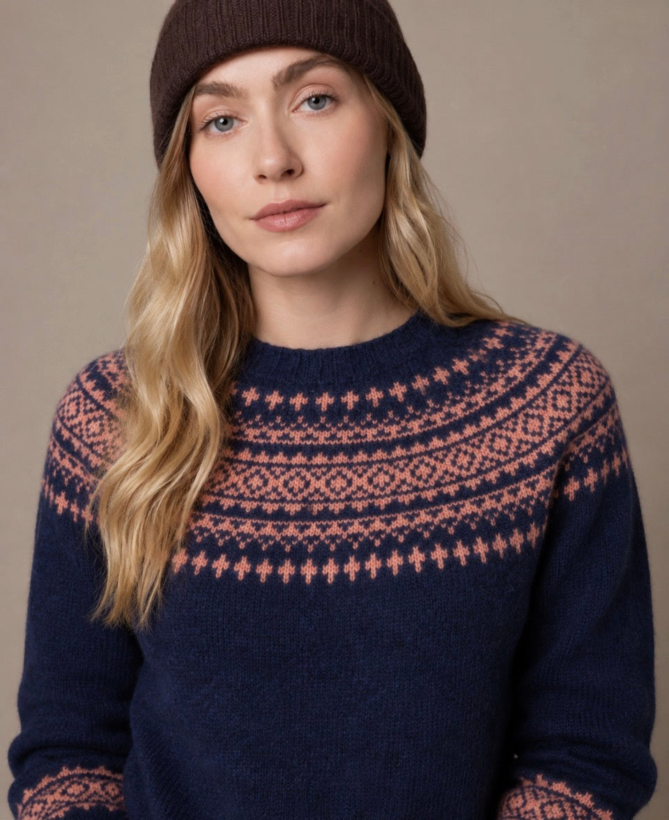 Harley of Scotland - Women's Fairisle Jumper - Wool - Night/Parfait