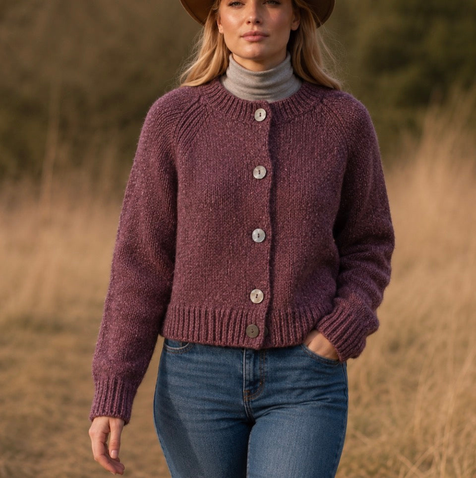 Fisherman Out of Ireland - Raglan Cardigan - Merino Wool - Dark Mauve