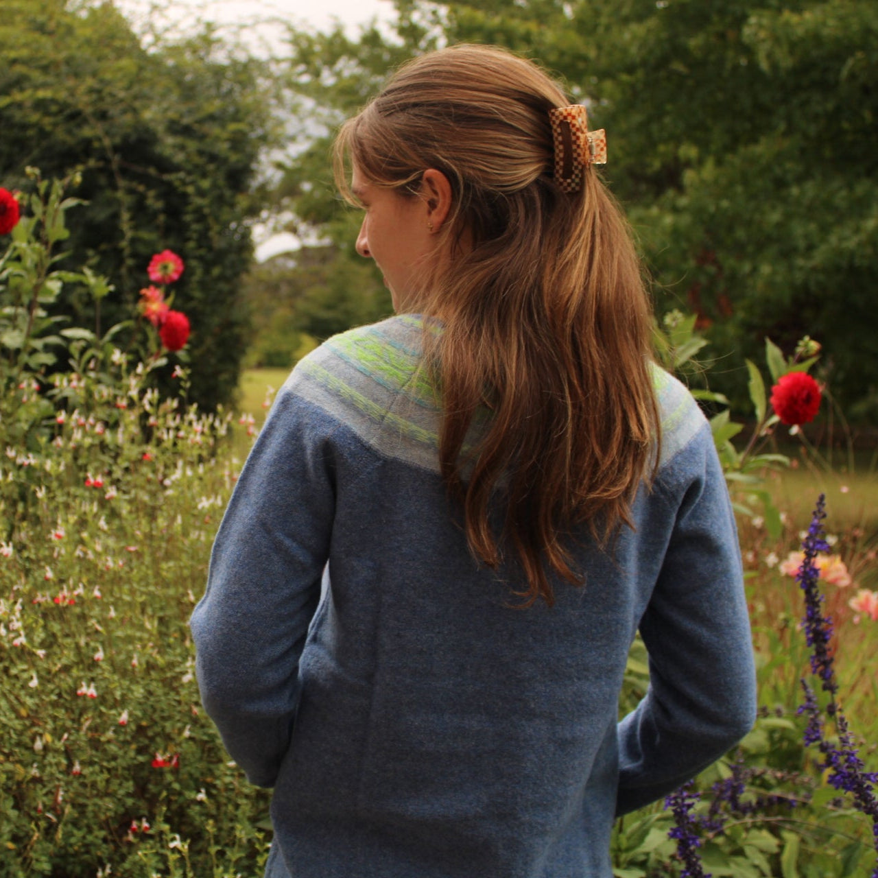 Golda fairisle cardigan in blue with light blue and green yoke from Nature of knitwear