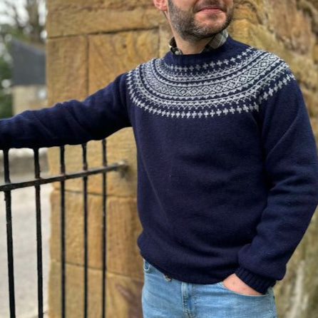 Harley of Scotland Men's Fairisle Sweater in Navy. 100% wool.