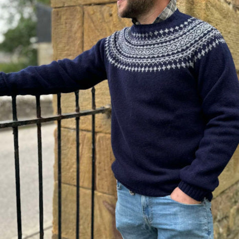 Harley of Scotland Men's Fairisle Sweater in Navy. 100% wool.