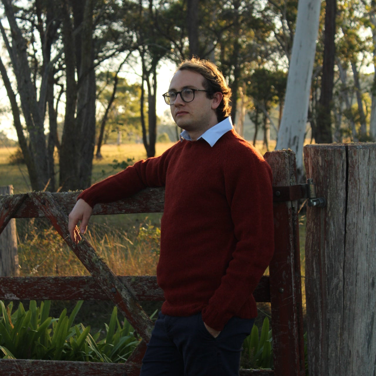 Harley of Scotland's Chunky Merino Crew Jumper in blaze red
