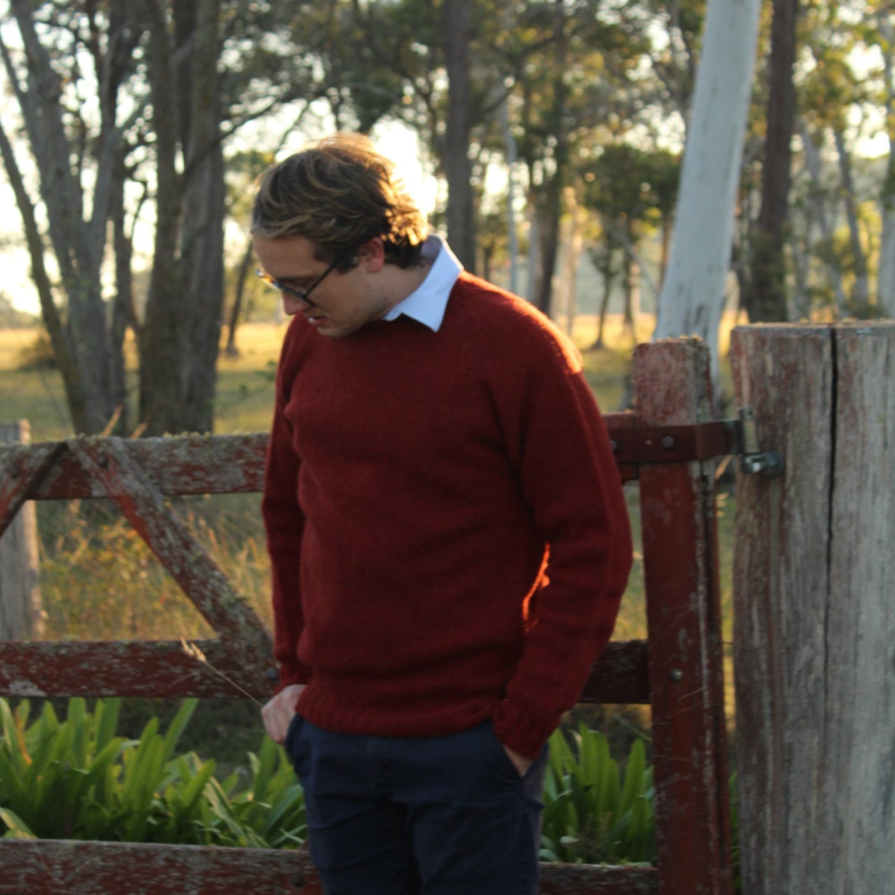 Harley of Scotland's Chunky Merino Crew Jumper in blaze red