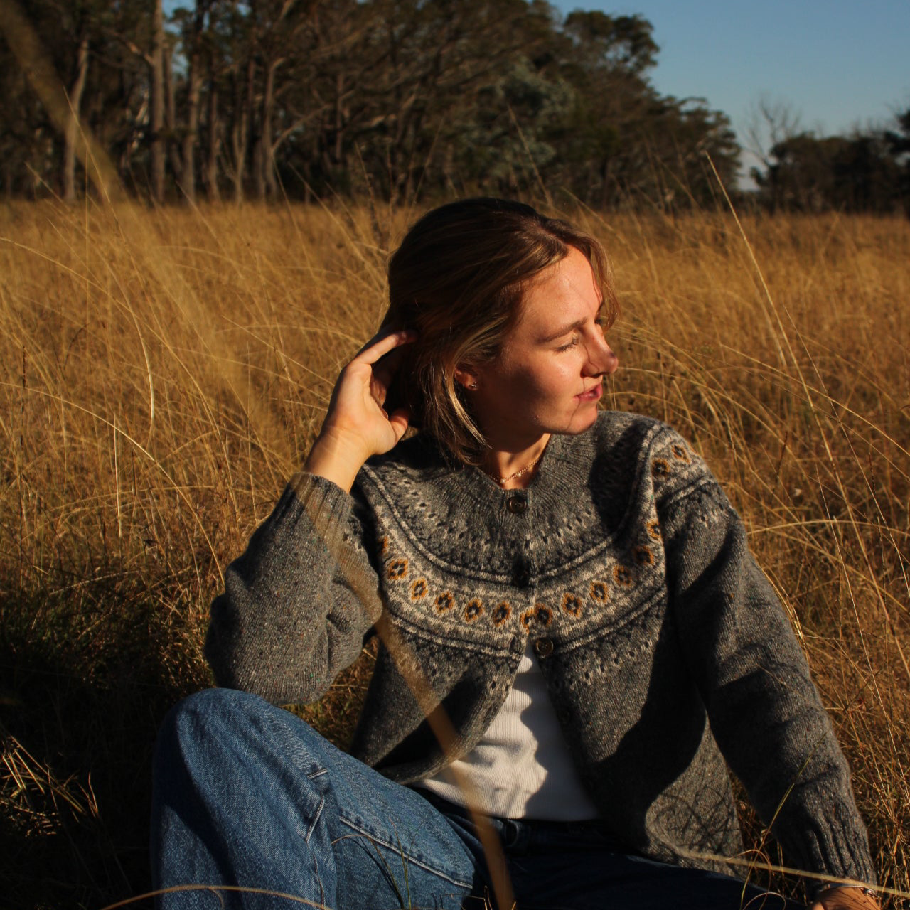 Harley of Scotland's Fair Isle Nep Cardigan in Harris grey for women