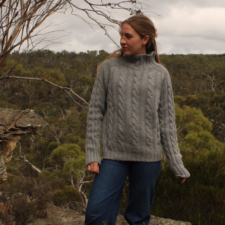 Chunky Cable Funnel Neck Jumper - Flannel Grey from Harley of Scotland 100% Merino Wool.