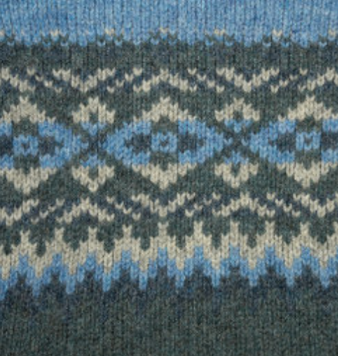 Harley of Scotland's Men's Chunky Fair Isle Sweater, close up of cedar colourway