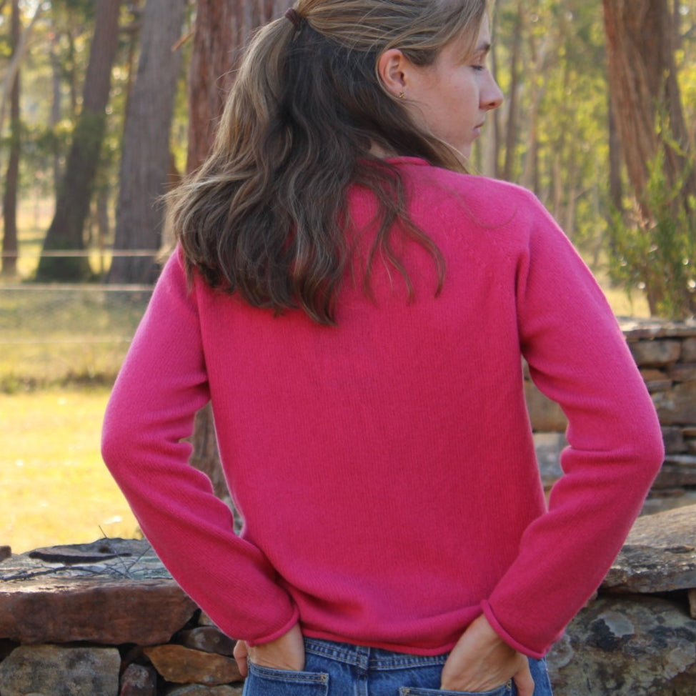 Harley of Scotland's Rolled Edge Geelong wool crew Sweater in Cordelia