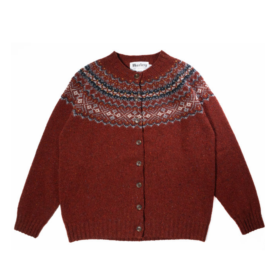 A woollen cardigan in Donegal tweed. Wome's Fairisle knitwear.
