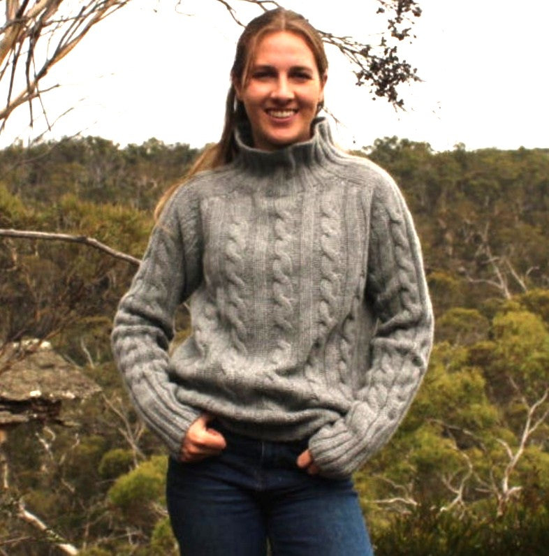Harley of Scotland - Chunky Cable Funnel Neck Jumper - Flannel Grey