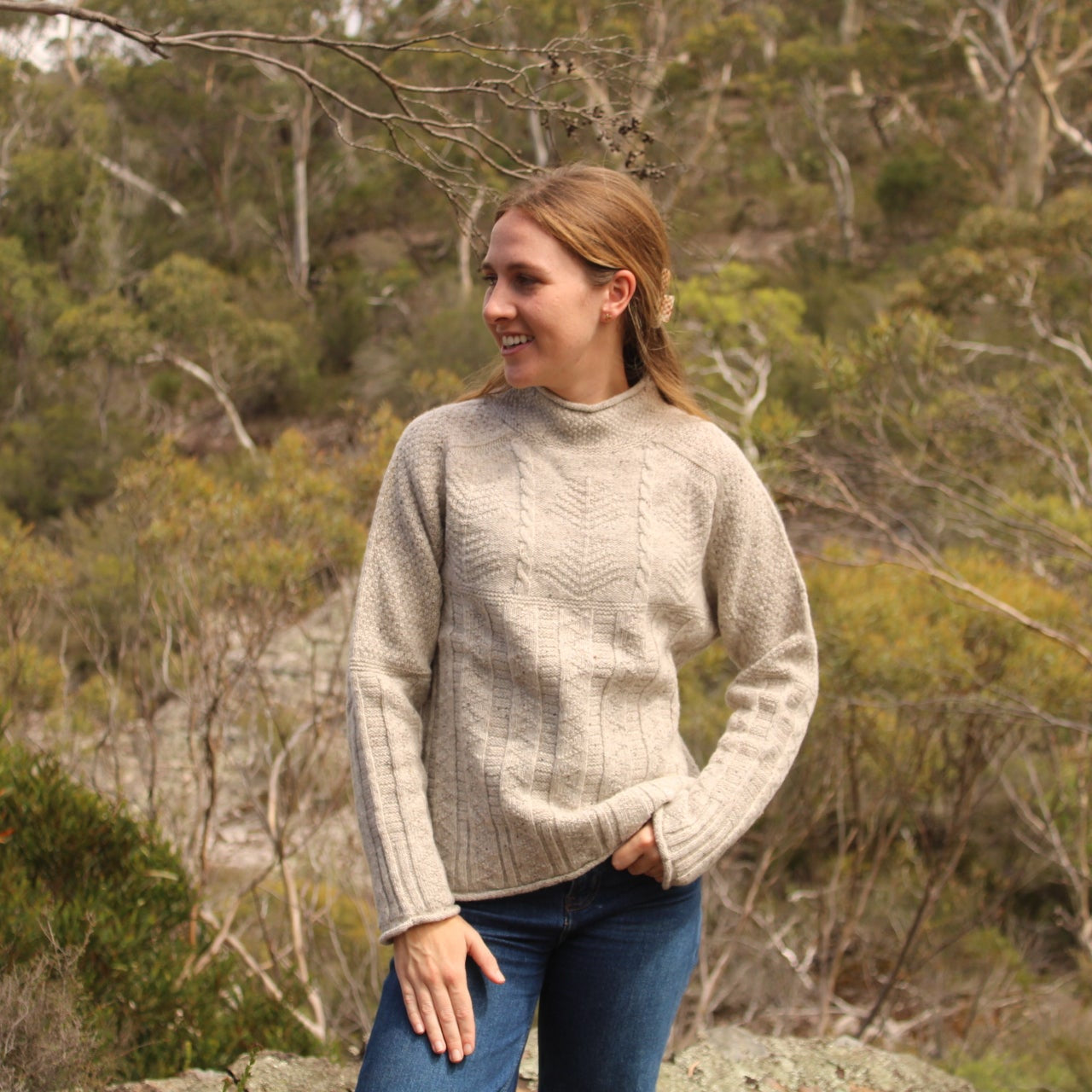 Herley of Scotland 100% wool quality women's jumper in natural. Aran style.