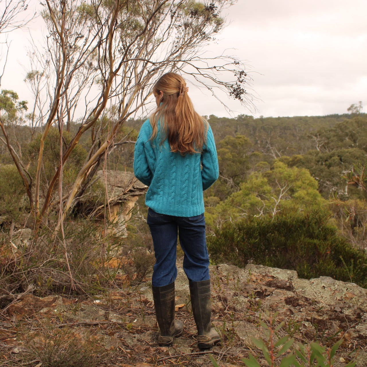 Harley of Scotland's Cable Jumper in Utopia blue for women