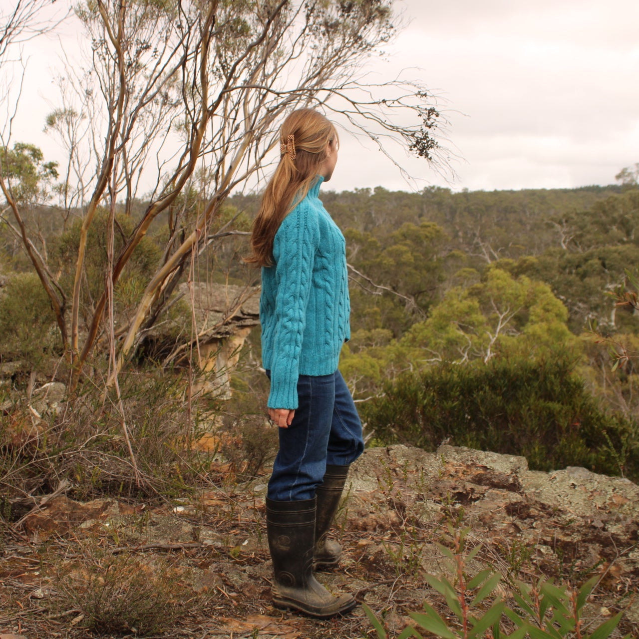 Harley of Scotland's Cable Jumper in Utopia blue for women