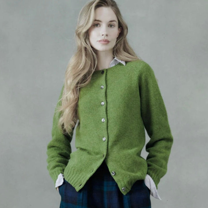 Harley of Scoland Knitwear. Classic wool cardigan in green.