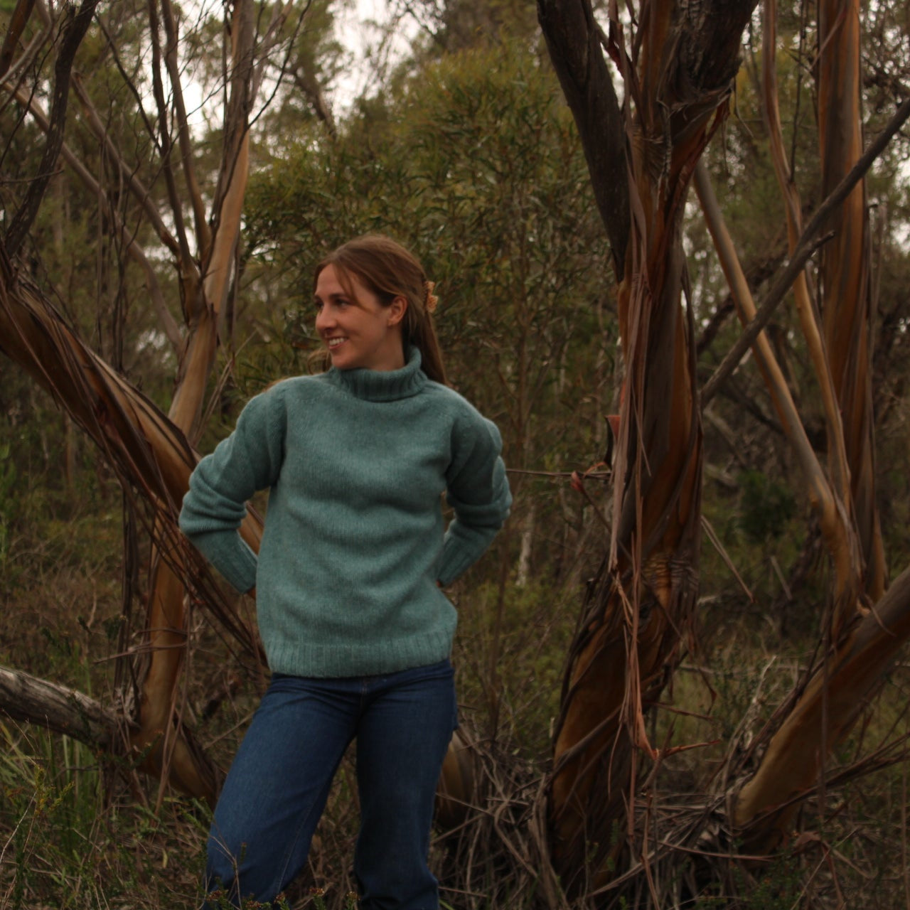 Harley's Chunky turtle neck jumper in Oribe Green for women