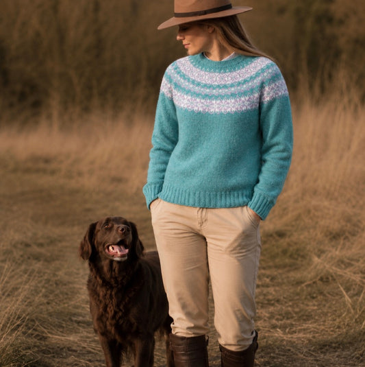 Harley Fairisle jumper in turquoise or aqua.