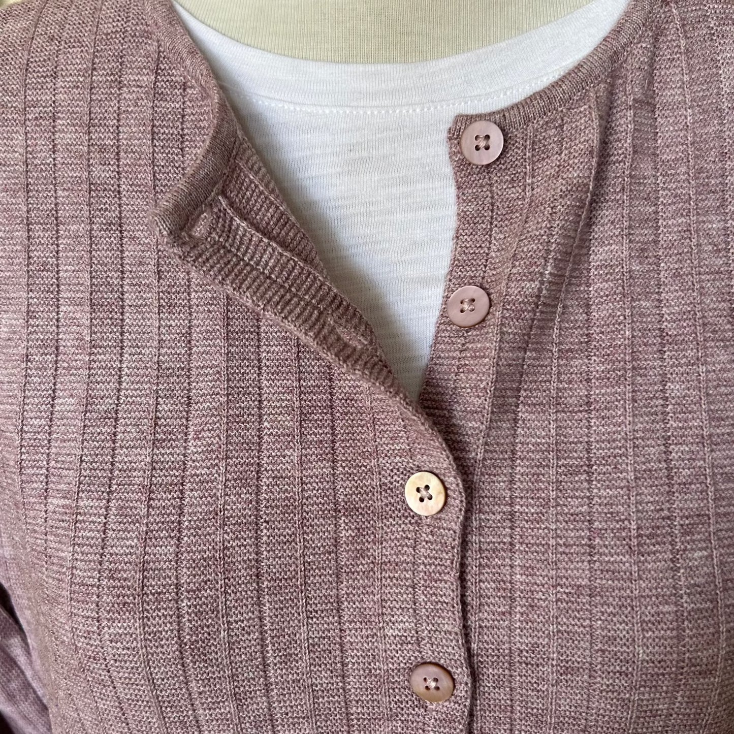 Danish design knitwear. From Charlotte Mansted a ribbed cotton cardigan in mushroom. Eco cotton.
