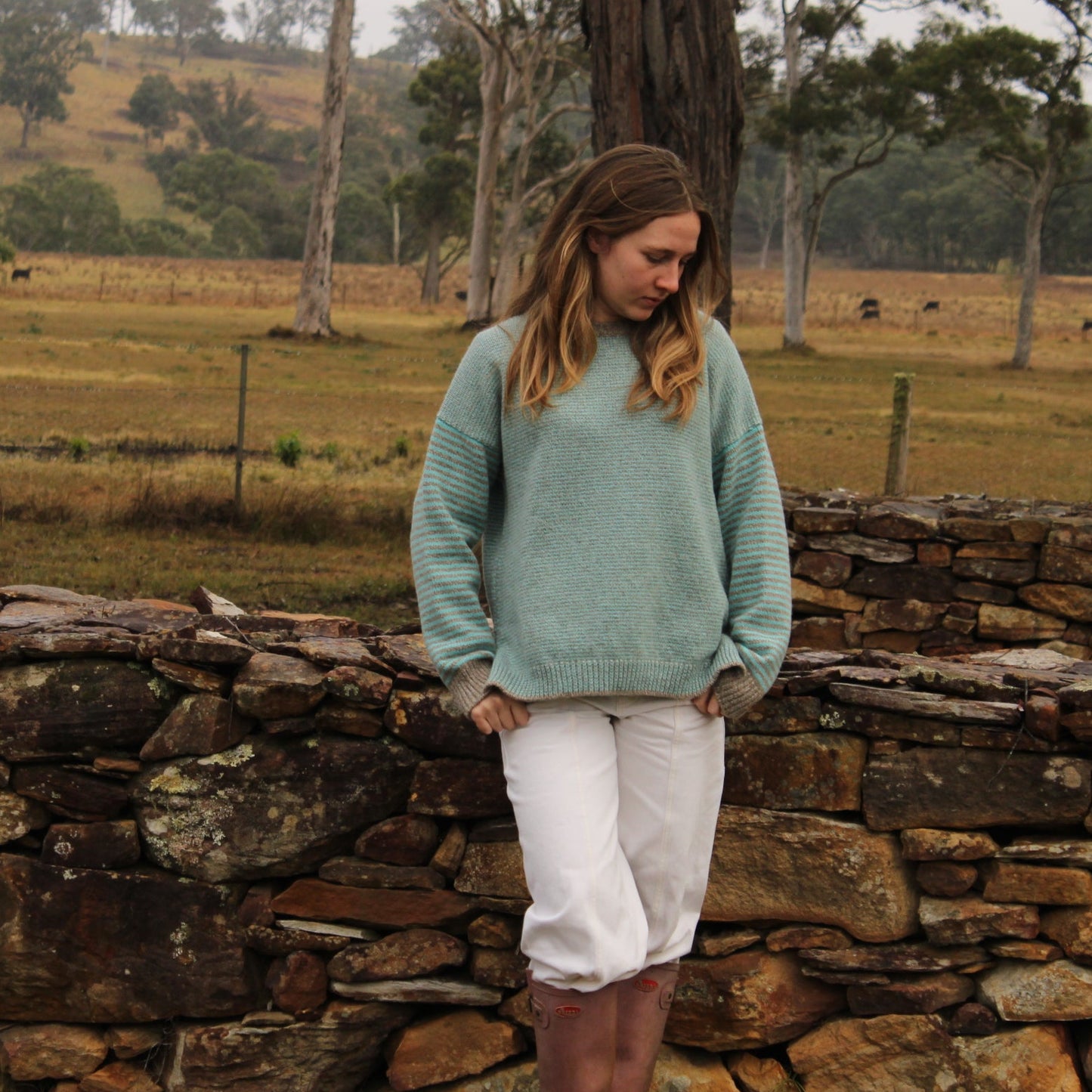 Fisherman Out of Ireland - Crew Jumper - Merino & Cashmere - Mushroom/ Aqua