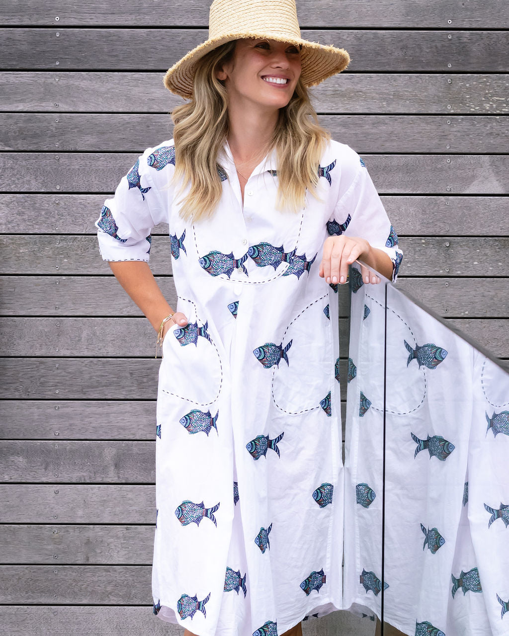 Mandalay Designs - Multi Fish Shirtdress - White Multi