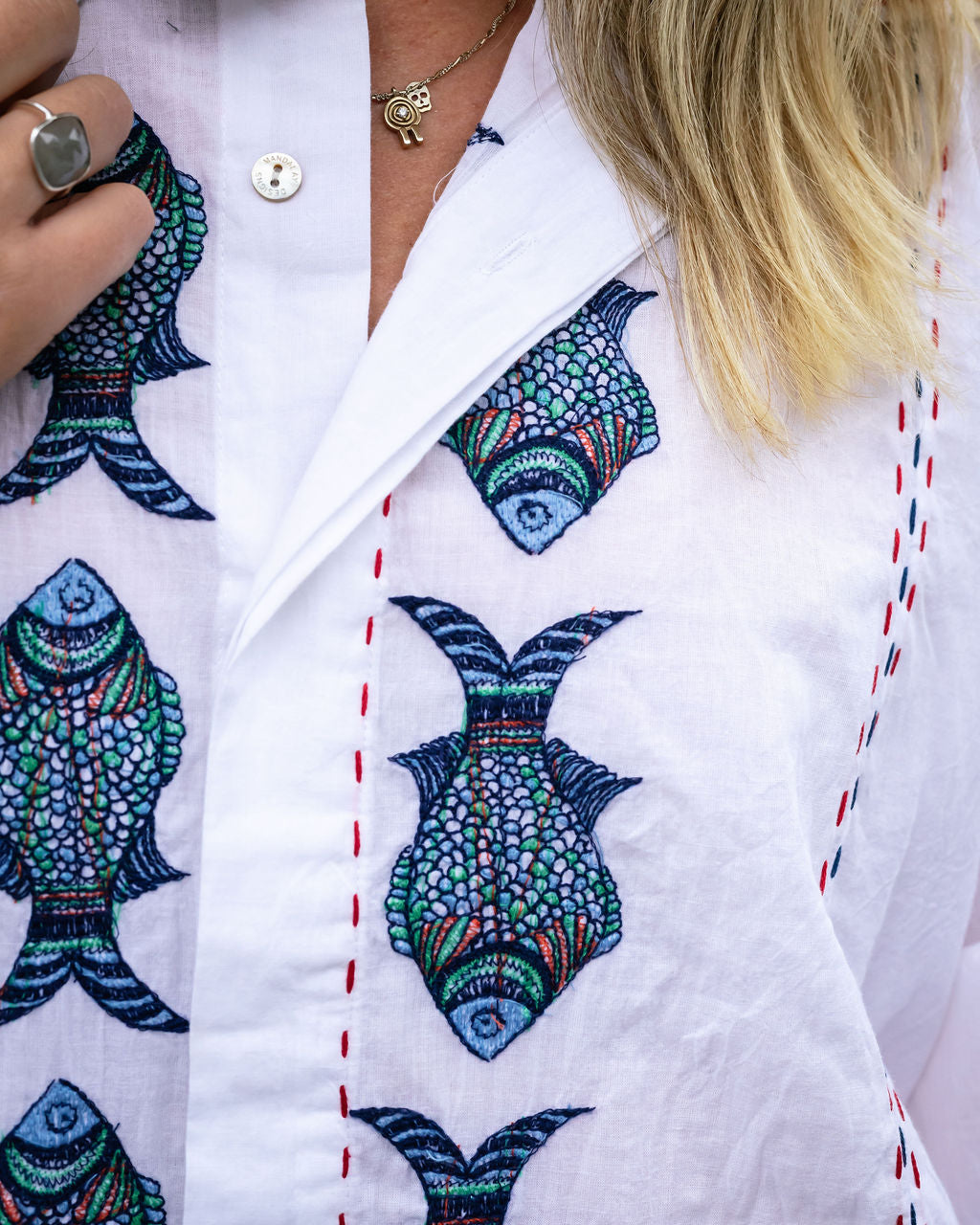 Mandalay Designs White cotton Shirt with blue and green and red embroidered fish
