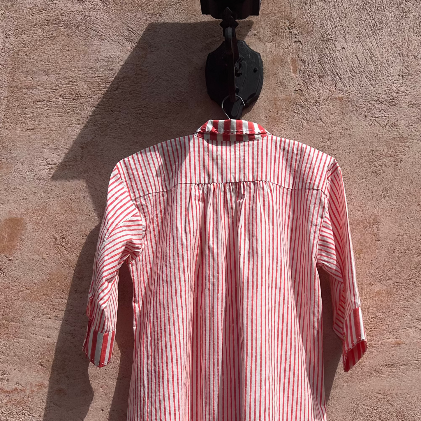 Mandalay Designs red stripe shirtdress back detail.
