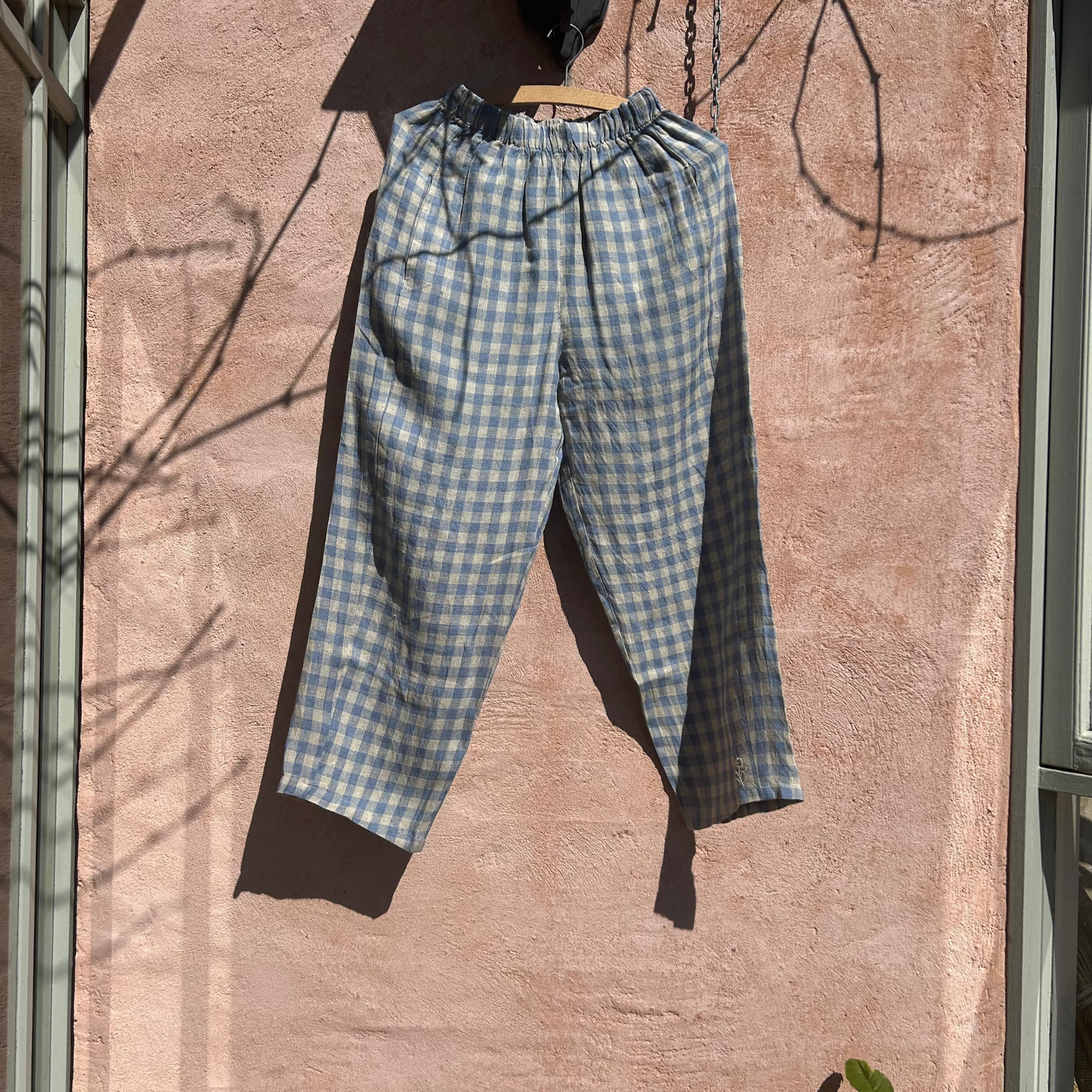 Mandalay Designs Gingham Linen Pants in Blue.