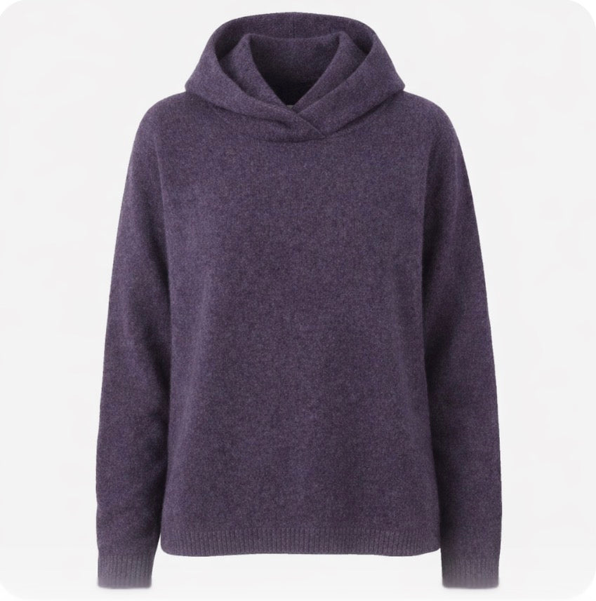 Mansted knitwear. Yak wool Hoodie Zoley in Plum.