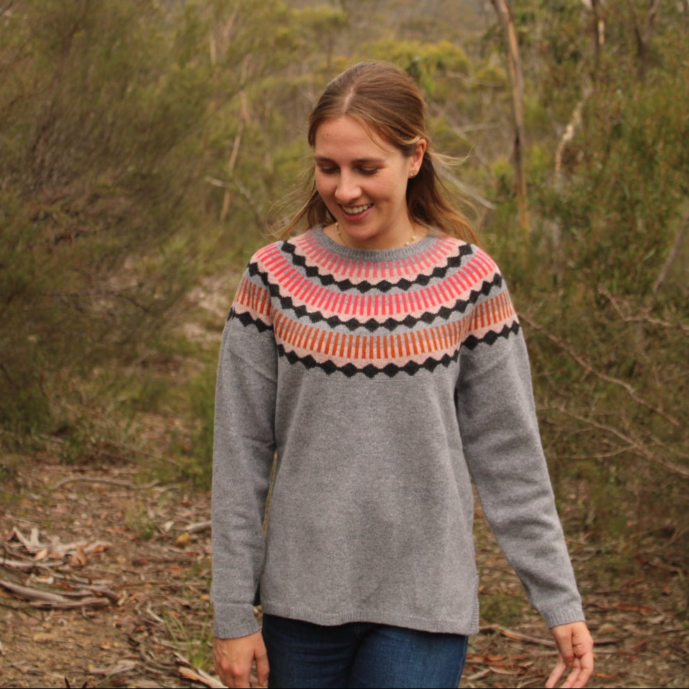 Mansted Kira jumper in Grey. 100 wool sweater with fairisle yoke pattern.